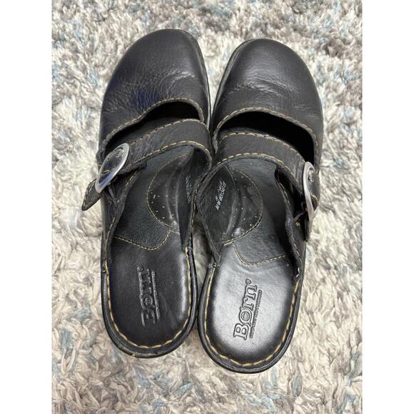 Born Shoes Womens 9 Mary Jane Buckle Strap Wedge Slip On Mules Black Leather - Picture 3 of 9